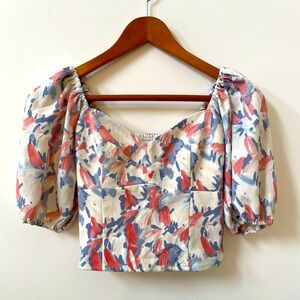 Abercrombie & Fitch Cream, Pink and Blue Puff Sleeve Sweetheart bodice Top